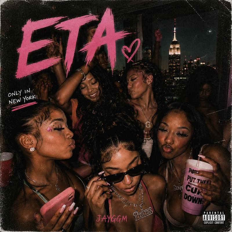 ETA single cover art, pink graffiti lettering over a rooftop party with the Empire State Building